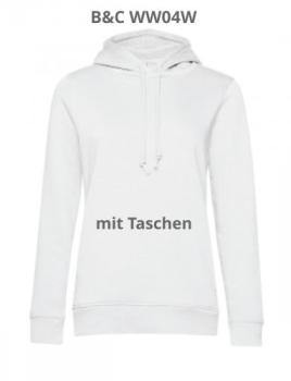 Damen-Hoodie in Weiß mit Taschen von B&C mit Logo-Druck